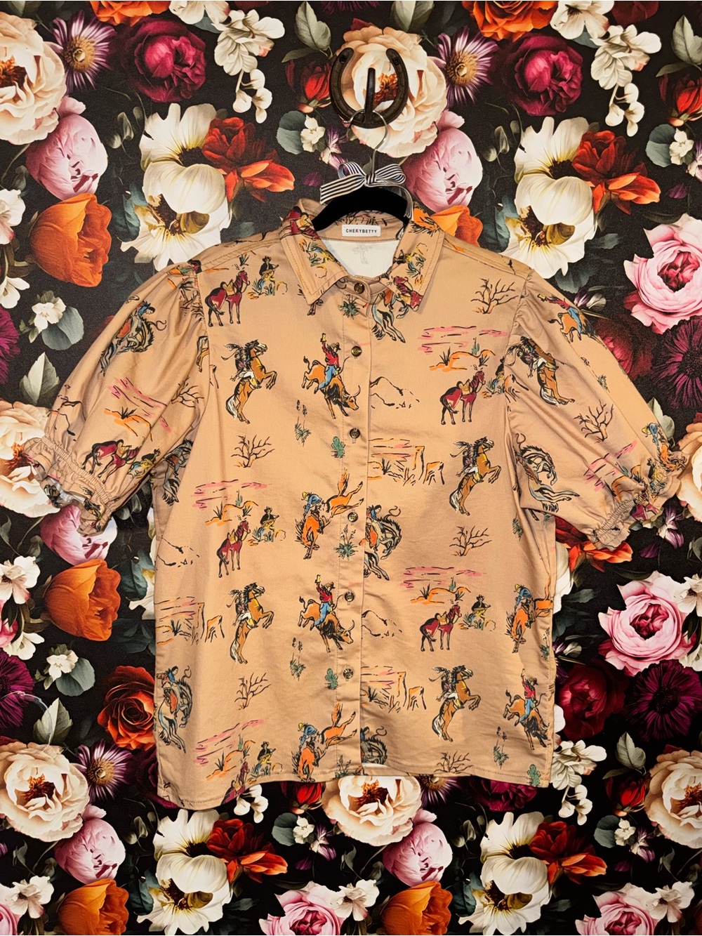 Khaki Colorful Western Print Puff-Sleeve Shirt, Medium